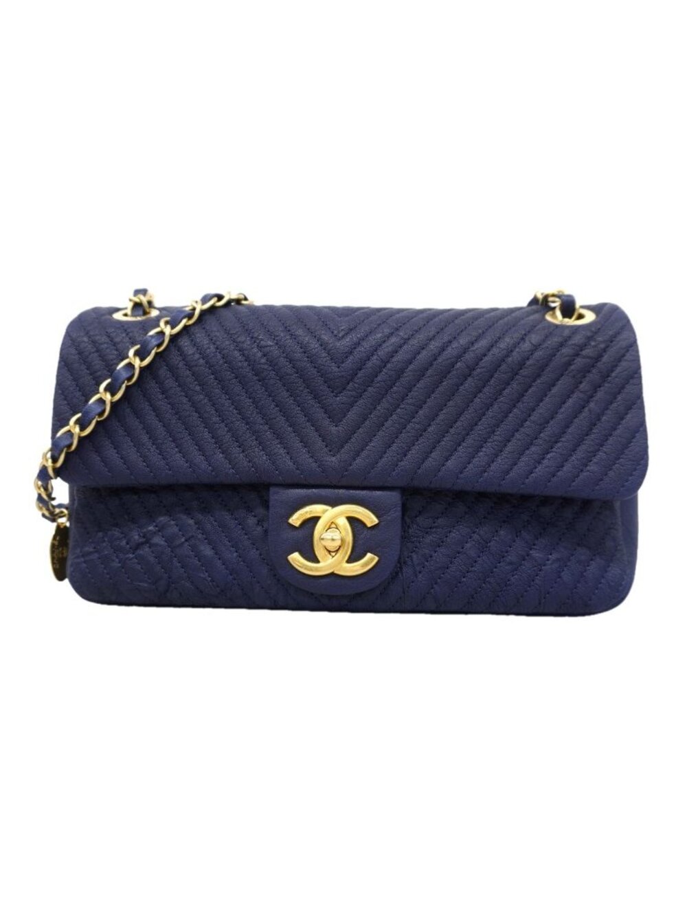 Chanel Shoulder Bag Chevron Leather Navy Gold